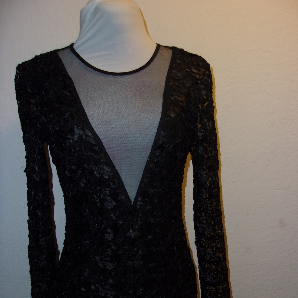 BLACK LACE SEQUIN MINI SPANDEX LONG SLEEVE DRESS S - Picture 2 of 6